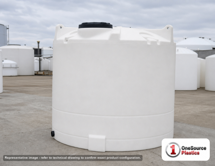 Snyder Industries 2500 Gallon Sulfuric HDLPE Vertical Chemical Storage Tank in White. High Density Linear Polyethylene; White; dimensions 107.0in H x 90.0in W x 90.0in L; 560.0 lb empty; 1.9 specific gravity rating. Manufacturer part number SII-5090000N30. Sold by OneSource Plastics (https://www.onesourceplastics.com).