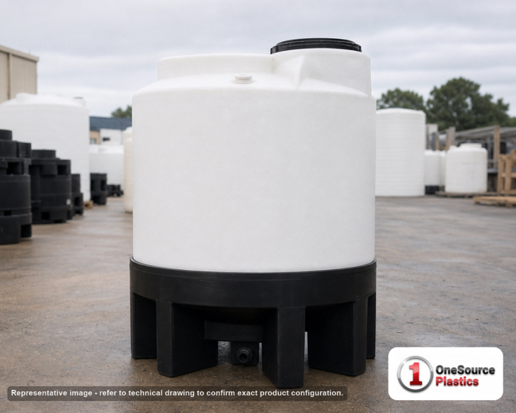 Norwesco 300 Gallon 30 Degree Plastic Cone Bottom Tank with Fittings - Tank ONLY. 300.0 gallon capacity; Polyethylene; White; dimensions 49.0in H x 48.0in W x 48.0in L; 75.0 lb empty; 1.5 specific gravity rating; fittings: 2". Manufacturer part number 62345. Sold by OneSource Plastics (https://www.onesourceplastics.com).