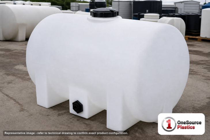 Snyder Industries 300 Gallon Plastic Horizontal Leg Tank. Polyethylene; White; dimensions 43.0in H x 38.0in W x 72.0in L; 91.0 lb empty; 1.9 specific gravity rating. Manufacturer part number SII-1320000N45. Sold by OneSource Plastics (https://www.onesourceplastics.com).