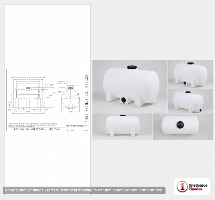 Dimensional spec drawing for Snyder Industries 300 Gallon Horizontal Tank (72" L x 38" W x 43" H)