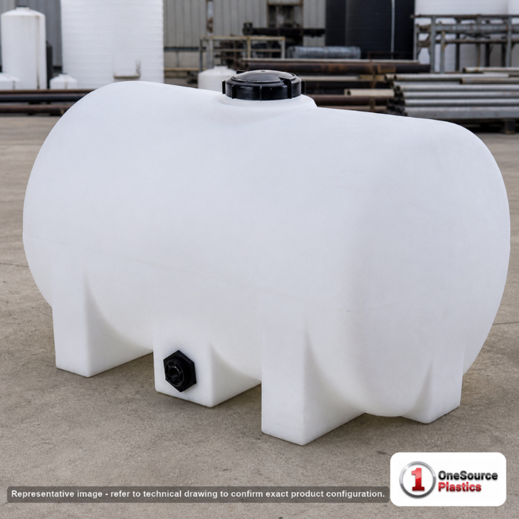 Snyder Industries 300 Gallon Plastic Horizontal Leg Tank. Polyethylene; White; dimensions 44.0in H x 38.0in W x 68.0in L; 67.0 lb empty; 1.9 specific gravity rating. Manufacturer part number SII-1321000C26. Sold by OneSource Plastics (https://www.onesourceplastics.com).