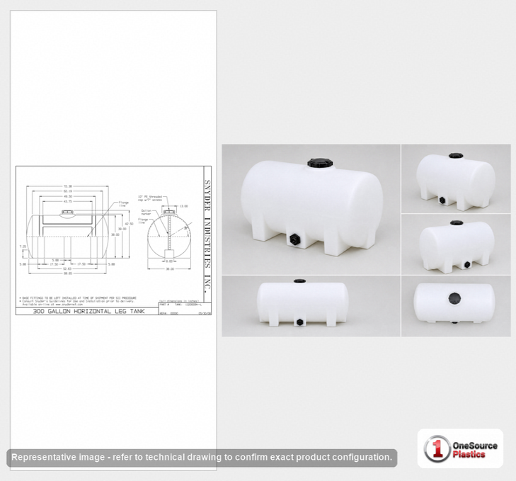 Dimensional spec drawing for Snyder Industries 300 Gallon Horizontal Tank (72" L x 38" W x 43" H)