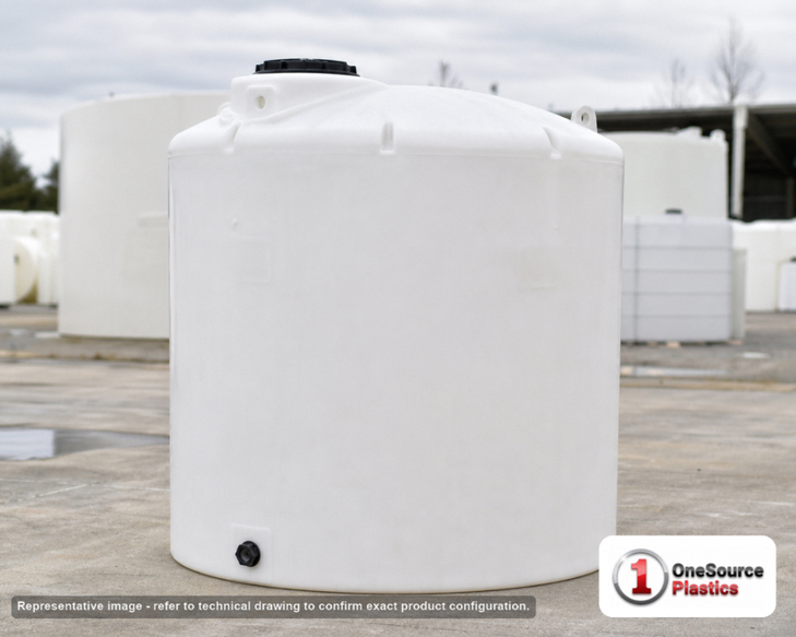 Snyder Industries 3000 Gallon Vertical Liquid Storage Tank in White 1.5 SG. High Density Linear Polyethylene; White; dimensions 127.0in H x 90.0in W x 90.0in L; 300.0 lb empty; 1.5 specific gravity rating. Manufacturer part number SII-5130000C37. Sold by OneSource Plastics (https://www.onesourceplastics.com).