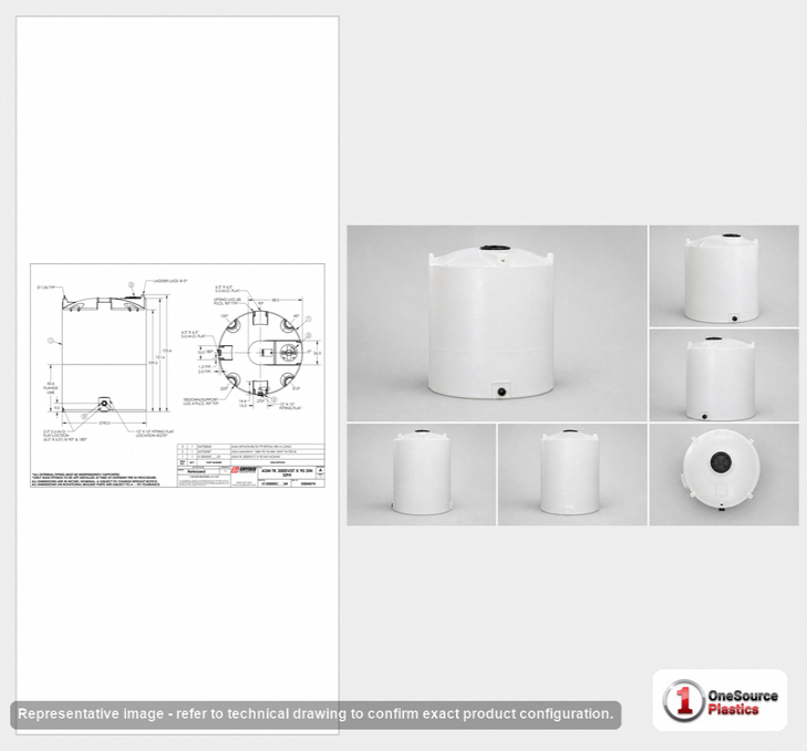 Dimensional spec drawing for Snyder Industries 3000 Gallon Vertical Storage Tank (90" L x 90" W x 127" H)