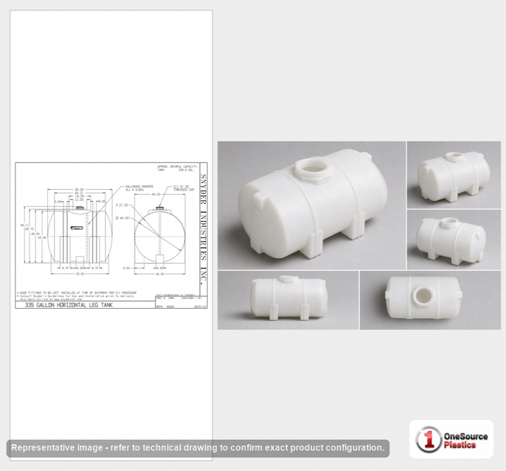 Dimensional spec drawing for Snyder Industries 335 Gallon Horizontal Tank (56" L x 44" W x 49" H)