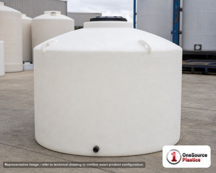 Chem-Tainer 500 Gallon Plastic Vertical Liquid Storage Tank. 500.0 gallon capacity; Polyethylene; White; dimensions 53.0in H x 63.0in W x 63.0in L; 135.0 lb empty; 1.9 specific gravity rating; fittings: 2"; max temp 120 deg  F / 48 deg  C; 3 Year Warranty. Manufacturer part number TC6353IA. Sold by OneSource Plastics (https://www.onesourceplastics.com).