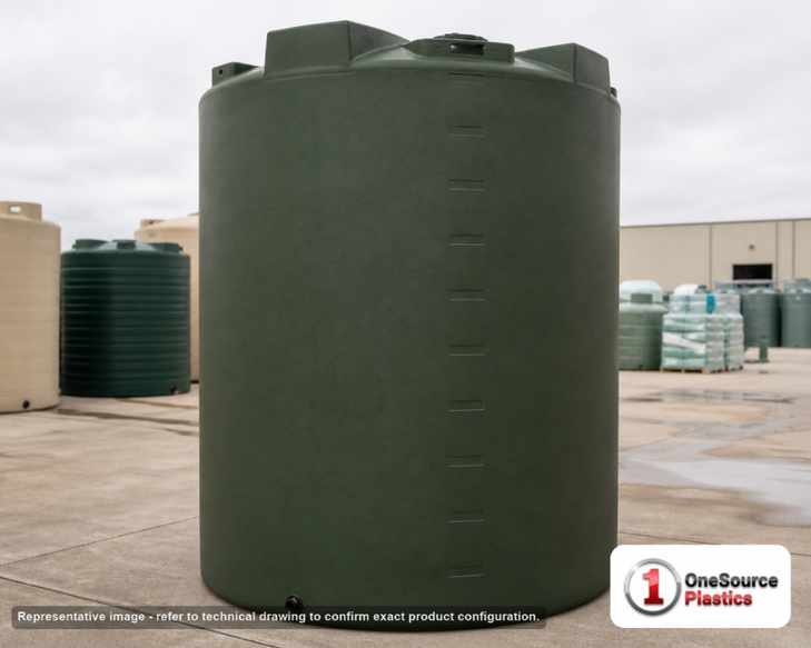 Bushman 5000 Gallon Plastic Vertical Rainwater Harvesting Tank in Dark Green. 5000 gallon capacity; Polyethylene; Green