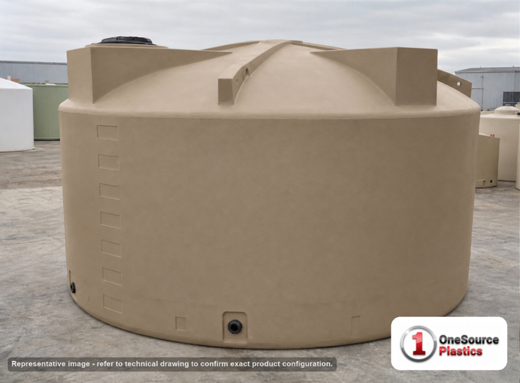 Bushman 5000 Gallon Plastic Vertical Water Storage Tank with Low Profile Design in Mocha. 5000.0 gallon capacity; Polyethylene; Mocha; dimensions 92.0in H x 140.0in W x 140.0in L; 800.0 lb empty; 1.0 specific gravity rating; fittings: 2"; max temp 120 deg  F / 48 deg  C; 3 Year Warranty. Manufacturer part number 30789. Sold by OneSource Plastics (https://www.onesourceplastics.com).