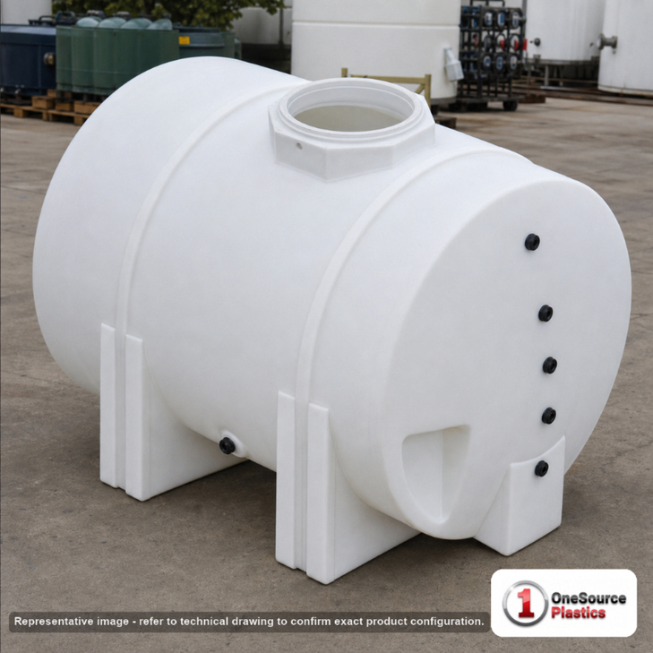 Snyder Industries 525 Gallon Plastic Horizontal Leg Tank. Polyethylene; White; dimensions 53.0in H x 48.0in W x 75.0in L; 124.0 lb empty; 1.9 specific gravity rating. Manufacturer part number SII-1400000N45. Sold by OneSource Plastics (https://www.onesourceplastics.com).