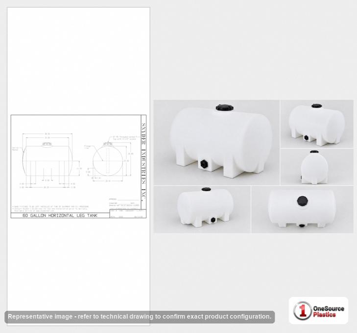 Dimensional spec drawing for Snyder Industries 60 Gallon Horizontal Tank (39" L x 23" W x 26" H)