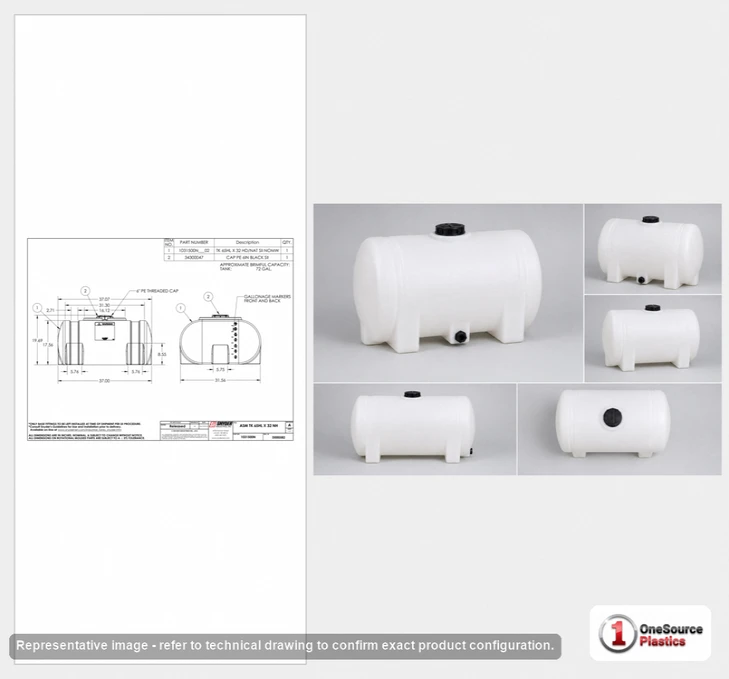 Dimensional spec drawing for Snyder Industries 65 Gallon Horizontal Leg Tank (37" L x 32" W x 20" H)