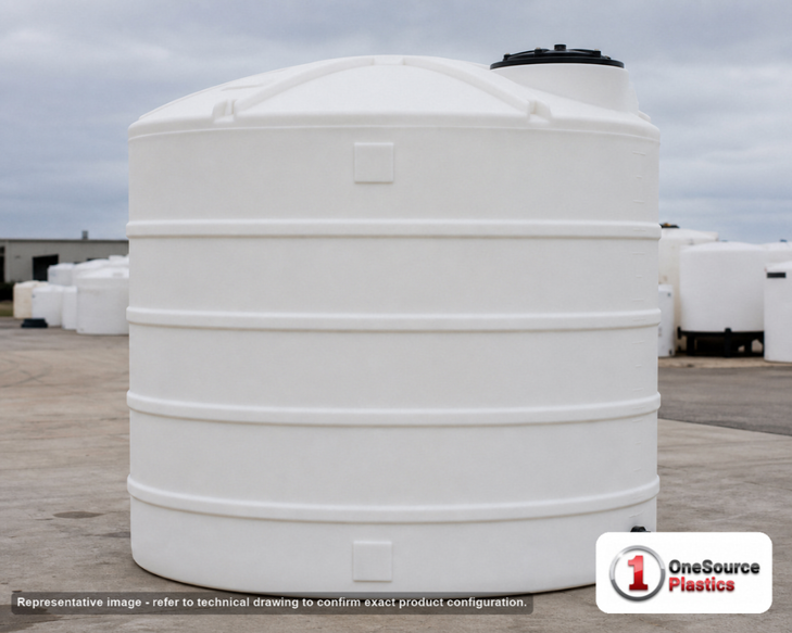 Snyder Industries 6500 Gallon Plastic Vertical Liquid Storage Tank in White. High Density Linear Polyethylene; White; dimensions 152.0in H x 120.0in W x 120.0in L; 1412.0 lb empty; 1.5 specific gravity rating. Manufacturer part number SII-32421. Sold by OneSource Plastics (https://www.onesourceplastics.com).