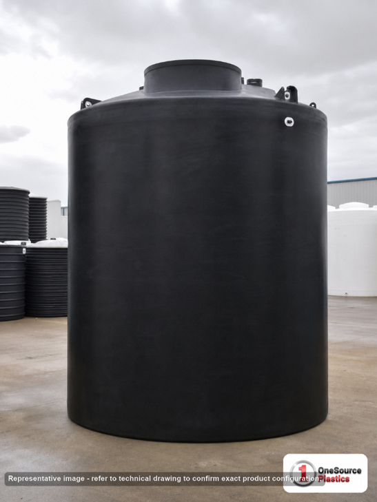 Snyder Industries 6900 Gallon Heavy Duty Vertical Liquid Storage Tank in Black 1.9 sg. High Density Linear Polyethylene; Black; dimensions 153.0in H x 120.0in W x 120.0in L; 1450.0 lb empty; 1.9 specific gravity rating. Manufacturer part number SII-7140000C26-BLK. Sold by OneSource Plastics (https://www.onesourceplastics.com).