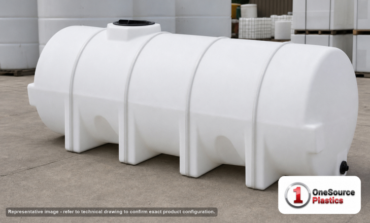 Norwesco 710 Gallon Horizontal Leg Tank with Bottom Drain. Polyethylene; White; dimensions 57.0in H x 47.0in W x 104.0in L; 204.0 lb empty; 1.5 specific gravity rating. Manufacturer part number N-40655. Sold by OneSource Plastics (https://www.onesourceplastics.com).