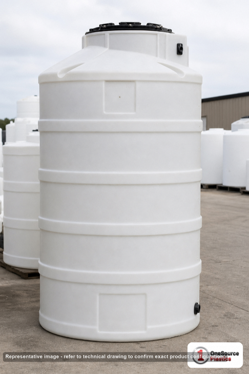 Snyder Industries 750 Gallon Plastic Vertical Chemical Storage Tank in White. Polyethylene; White; 106" H x 48" W x 48" L.