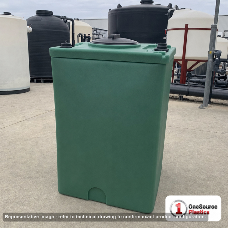 Bushman 100 Gallon Plastic Vertical Liquid Storage Tank in Dark Green. 40 gallon capacity; Polyethylene; Green; dimensions 42.0in H x 30.0in W x 30.0in L; 40.0 lb empty; 1.0 specific gravity rating; fittings: 1.5". Manufacturer part number 30060. Sold by OneSource Plastics (https://www.onesourceplastics.com).