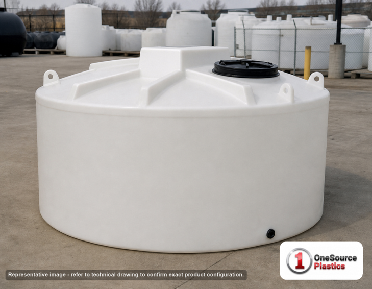 Snyder Industries 1000 Gallon HDPE Vertical Liquid Storage Tank with ASTM Certification in White. 1000.0 gallon capacity; High Density Linear Polyethylene; White; dimensions 69.0in H x 74.0in W x 74.0in L; 525.0 lb empty; 1.9 specific gravity rating; fittings: 1 Manway / Lid; max temp 120 deg  F / 48 deg  C; 3 Year Warranty. Manufacturer part number 5990100n45. Manufactured by Snyder. Sold by OneSource Plastics (https://www.onesourceplastics.com)