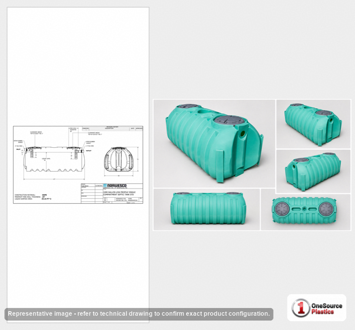 Norwesco 1000 Gallon Low Profile Plastic Two Compartment Septic Tank with Loose Plumbing and Side Inlet
