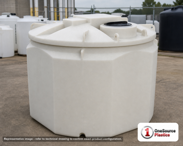 Snyder Industries 1000 Gallon Plastic Vertical Double Wall Liquid Chemical Storage Tank in White. 1000.0 gallon capacity; High Density Linear Polyethylene; White; dimensions 69.0in H x 81.0in W x 81.0in L; 525.0 lb empty; 1.9 specific gravity rating; fittings: 1 Manway / Lid; max temp 120 deg  F / 48 deg  C; 3 Year Warranty. Manufacturer part number 5990102n45. Manufactured by Snyder. Sold by OneSource Plastics (https://www.onesourceplastics.com)