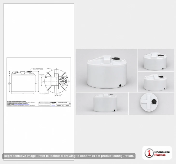 Dimensional spec drawing for Snyder Industries 1000 Gallon Vertical Storage Tank (74" L x 74" W x 69" H)