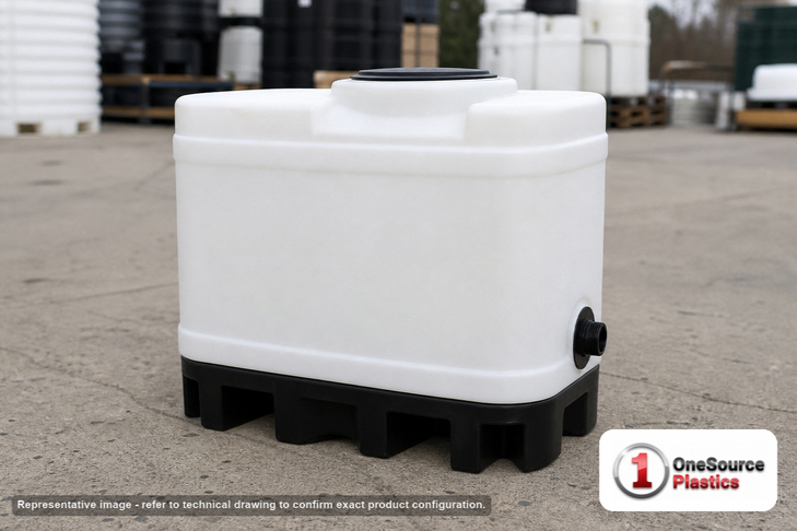 Norwesco 12 Gallon Plastic Cone Bottom Specialty Rinse Tank in White. Polyethylene; White; dimensions 15.0in H x 14.0in W x 18.0in L; 14.0 lb empty; 1.5 specific gravity rating. Manufacturer part number N-60521. Sold by OneSource Plastics (https://www.onesourceplastics.com).