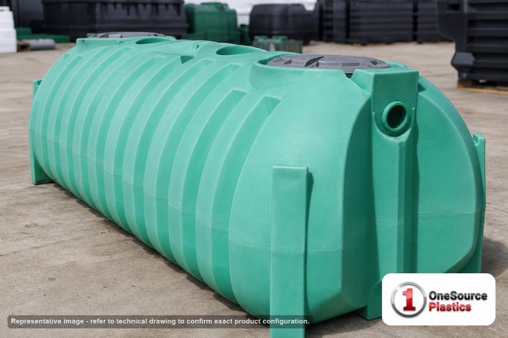 Norwesco 1250 Gallon Plastic Two Compartment Septic Tank with Loose Plumbing and Low Profile Design - IAPMO Certified. 1250 gallon capacity; Polyethylene; Green; dimensions 51.0in H x 60.0in W x 157.0in L; 417.0 lb empty; fittings: 4"; max temp 130 deg  F / 54 deg  C; 5 Year Warranty. Manufacturer part number 43503. Manufactured by Norwesco. Sold by OneSource Plastics (https://www.onesourceplastics.com).