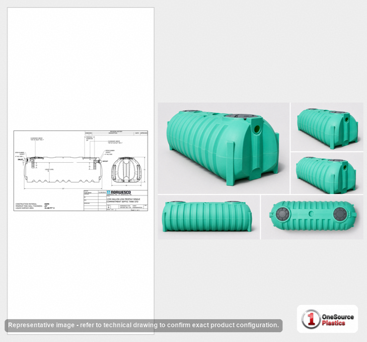 Norwesco 1250 Gallon Plastic One Compartment Septic Tank with Loose Plumbing and Low Profile Design - IAPMO Certified