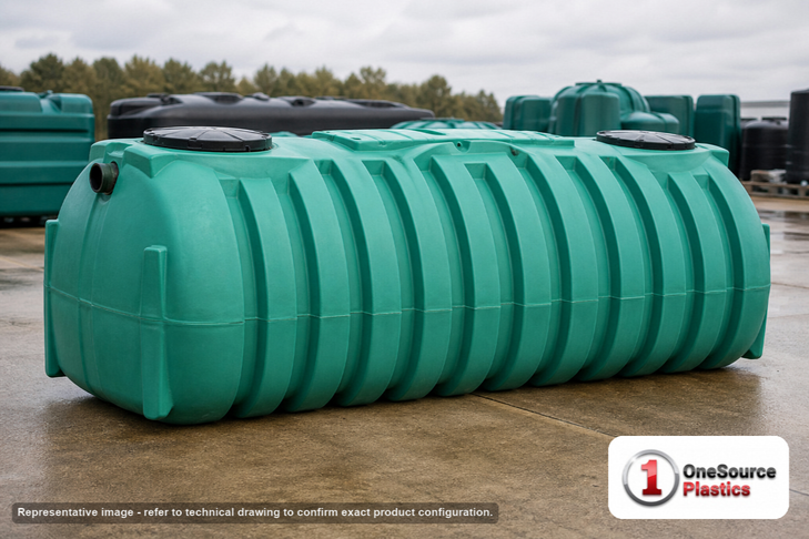 Norwesco 1250 Gallon Plastic Preplumbed Two Compartment Septic Tank with Low Profile Design - IAPMO Certified. 1250 gallon capacity; Polyethylene; Green; dimensions 51.0in H x 60.0in W x 157.0in L; 423.0 lb empty; fittings: 4"; max temp 130 deg  F / 54 deg  C; 5 Year Warranty. Manufacturer part number 43501. Manufactured by Norwesco. Sold by OneSource Plastics (https://www.onesourceplastics.com).