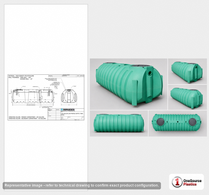 Norwesco 1250 Gallon Plastic Two Compartment Septic Tank with Loose Plumbing and Low Profile Design - IAPMO Certified