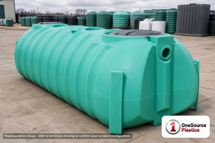 Norwesco 1250 Gallon Two Compartment Septic Tank with Loose Plumbing and Low Profile Design SI Version. Polyethylene; Green; dimensions 51.0in H x 60.0in W x 157.0in L; 417.0 lb empty. Manufacturer part number N-43571. Sold by OneSource Plastics (https://www.onesourceplastics.com).