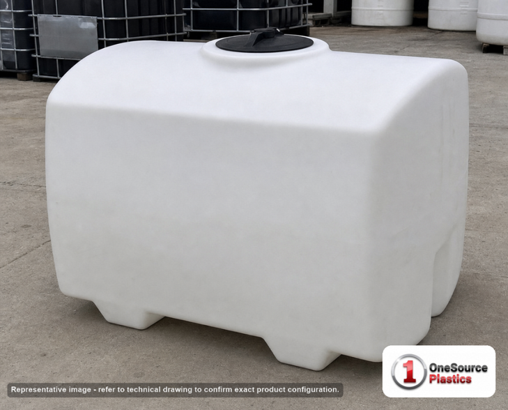 Norwesco 150 Gallon Plastic Pest Control Operator Tank in White. Polyethylene; White; dimensions 28.0in H x 36.0in W x 48.0in L; 61.0 lb empty; 1.5 specific gravity rating. Manufacturer part number N-40669. Sold by OneSource Plastics (https://www.onesourceplastics.com).