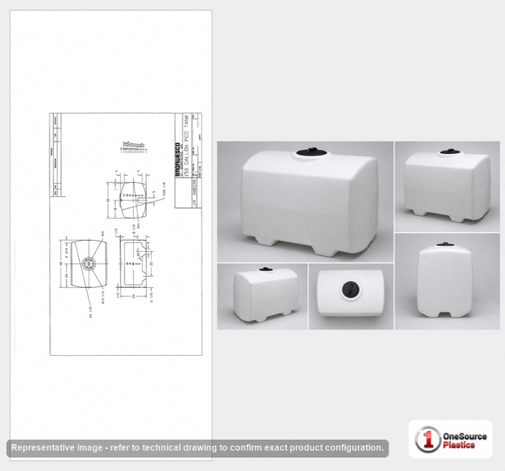 Dimensional spec drawing for Norwesco 150 Gallon PCO Tank (48" L x 36" W x 28" H)