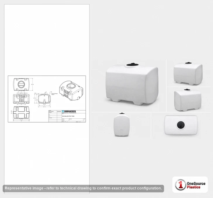 Dimensional spec drawing for Norwesco 150 Gallon PCO Tank (48" L x 37" W x 29" H)