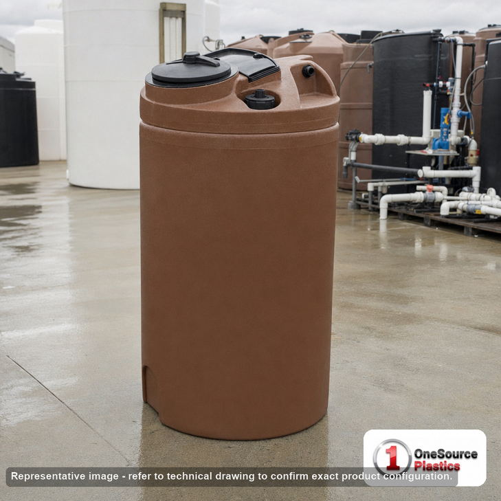 Bushman 150 Gallon Plastic Vertical Rainwater Harvesting Tank in Brown. 15 gallon capacity; Polyethylene; Brown; dimensions 58.0in H x 30.0in W x 30.0in L; 50.0 lb empty; 1.0 specific gravity rating; fittings: 0.75"; max temp 120 deg  F / 48 deg  C; 3 Year Warranty. Manufacturer part number 30124. Sold by OneSource Plastics (https://www.onesourceplastics.com).
