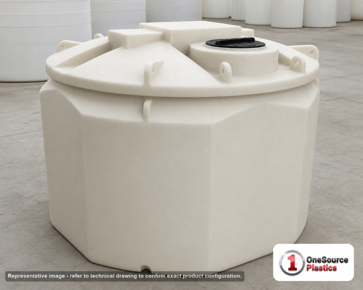 Snyder Industries 1500 Gallon HDLPE Vertical Double Wall Liquid Chemical Storage Tank with ASTM Certification. 1500.0 gallon capacity; High Density Linear Polyethylene; White; dimensions 77.0in H x 93.0in W x 93.0in L; 970.0 lb empty; 1.9 specific gravity rating; fittings: 1 Manway / Lid; max temp 120 deg  F / 48 deg  C; 3 Year Warranty. Manufacturer part number 5990302n45. Manufactured by Snyder. Sold by OneSource Plastics (https://www.onesource