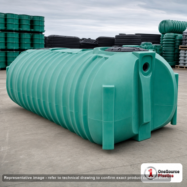 Norwesco 1500 Gallon Plastic One Compartment Septic Tank with Loose Plumbing and Low Profile Design - IAPMO Certified. 1500 gallon capacity; Polyethylene; Green; dimensions 51.0in H x 69.0in W x 157.0in L; 542.0 lb empty; fittings: 4"; max temp 130 deg  F / 54 deg  C; 5 Year Warranty. Manufacturer part number 43518. Manufactured by Norwesco. Sold by OneSource Plastics (https://www.onesourceplastics.com).