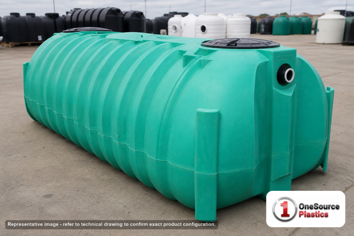 Norwesco 1500 Gallon Two Compartment Septic Tank with Loose Plumbing and Low Profile Design - IAPMO Certified. 1500 gallon capacity; Polyethylene; Green; dimensions 51.0in H x 69.0in W x 157.0in L; 574.0 lb empty; fittings: 4"; max temp 130 deg  F / 54 deg  C; 5 Year Warranty. Manufacturer part number 43504. Manufactured by Norwesco. Sold by OneSource Plastics (https://www.onesourceplastics.com).