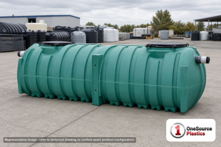 Norwesco 1500 Gallon Plastic Preplumbed Two Compartment Septic Tank with Low Profile Design. 1500 gallon capacity; Polyethylene; Green; dimensions 51.0in H x 69.0in W x 157.0in L; 581.0 lb empty; fittings: 4"; max temp 130 deg  F / 54 deg  C; 5 Year Warranty. Manufacturer part number 43502. Manufactured by Norwesco. Sold by OneSource Plastics (https://www.onesourceplastics.com).