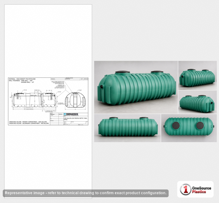 Norwesco 1500 Gallon Plastic Preplumbed Two Compartment Septic Tank with Low Profile Design