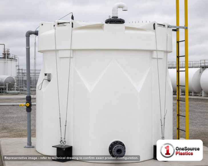 Snyder Industries 1550 Gallon 1.9 S.G. Vertical Double Wall HDLPE Liquid Chemical Storage Tank in Opaque White. High Density Linear Polyethylene; White; dimensions 136.0in H x 76.0in W x 76.0in L; 970.0 lb empty; 1.9 specific gravity rating. Manufacturer part number SII-5490000N30. Sold by OneSource Plastics (https://www.onesourceplastics.com).