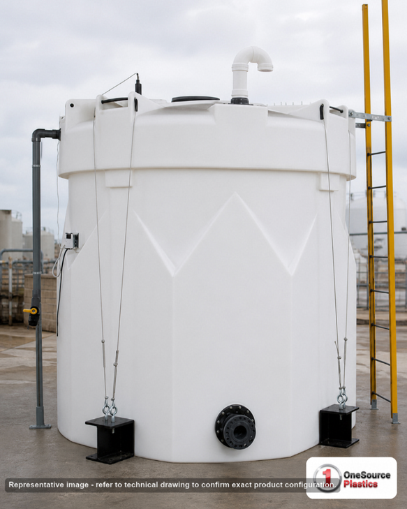 Snyder Industries 1550 Gallon 1.9 S.G. Vertical Double Wall HDLPE Liquid Chemical Storage Tank in White. 1550.0 gallon capacity; High Density Linear Polyethylene; White; dimensions 136.0in H x 76.0in W x 76.0in L; 970.0 lb empty; 1.9 specific gravity rating; fittings: 1 Manway / Lid; max temp 120 deg  F / 48 deg  C; 3 Year Warranty. Manufacturer part number 5490000n45. Manufactured by Snyder. Sold by OneSource Plastics (https://www.onesourceplast