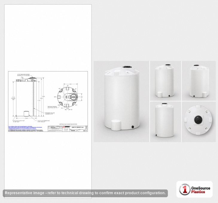 Dimensional spec drawing for Snyder Industries 1550 Gallon Vertical Storage Tank (64" L x 64" W x 124" H)