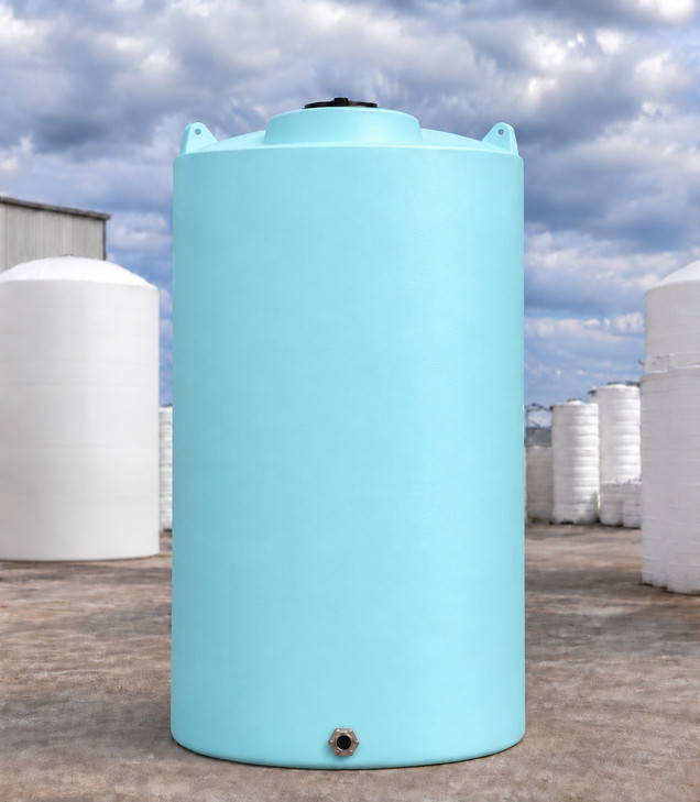 Norwesco 15500 Gallon Blue 1.9 SG Vertical Tank, 141 in dia, with 3 in stainless fitting, OneSource Plastics yard