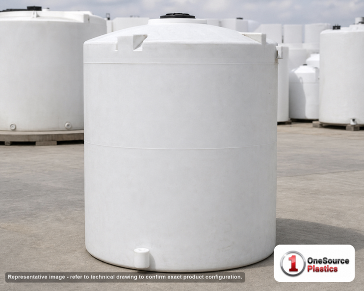 Snyder Industries 1900 Gallon HDPE Vertical Liquid Storage Tank with ASTM Certification. Polyethylene; White; dimensions 119.0in H x 72.0in W x 72.0in L; 520.0 lb empty; 1.9 specific gravity rating. Manufacturer part number SII-1780200N45. Sold by OneSource Plastics (https://www.onesourceplastics.com).