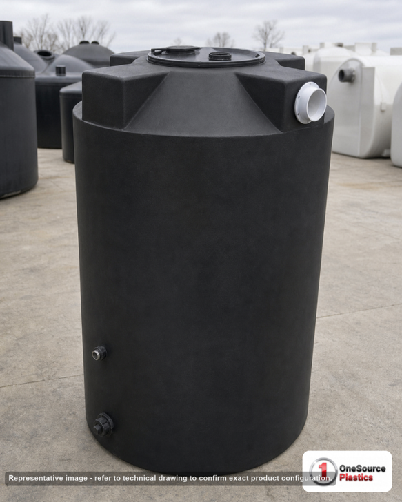 Bushman 200 Gallon Plastic Vertical Rainwater Harvesting Tank in Black. 200.0 gallon capacity; Polyethylene; Black; dimensions 56.0in H x 36.0in W x 36.0in L; 55.0 lb empty; 1.0 specific gravity rating; fittings: 1"; max temp 120 deg  F / 48 deg  C; 3 Year Warranty. Manufacturer part number 30170. Manufactured by Bushman. Sold by OneSource Plastics (https://www.onesourceplastics.com).