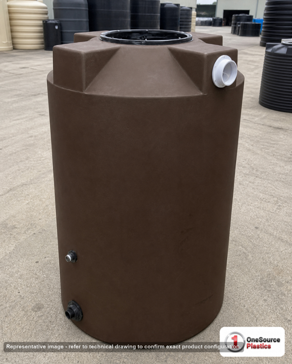 Bushman 200 Gallon Plastic Vertical Rainwater Harvesting Tank in Brown. 200.0 gallon capacity; Polyethylene; Brown; dimensions 56.0in H x 36.0in W x 36.0in L; 55.0 lb empty; 1.0 specific gravity rating; fittings: 1"; max temp 120 deg  F / 48 deg  C; 3 Year Warranty. Manufacturer part number 30173. Manufactured by Bushman. Sold by OneSource Plastics (https://www.onesourceplastics.com).