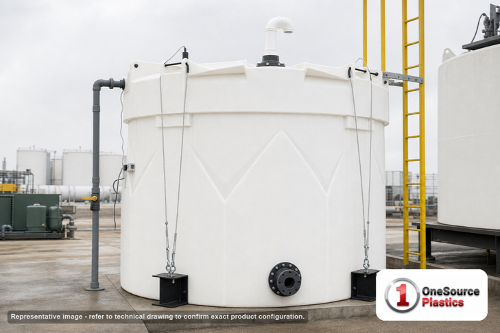 Snyder Industries 2000 Gallon Plastic Vertical Double Wall Liquid Chemical Storage Tank in White. 2000 gallon capacity; High Density Linear Polyethylene; White; dimensions 103.0in H x 102.0in W x 102.0in L; 1180.0 lb empty; 1.9 specific gravity rating; fittings: 1 Manway / Lid; max temp 120 deg  F / 48 deg  C; 3 Year Warranty. Manufacturer part number 5570000n45. Manufactured by Snyder. Sold by OneSource Plastics (https://www.onesourceplastics.co