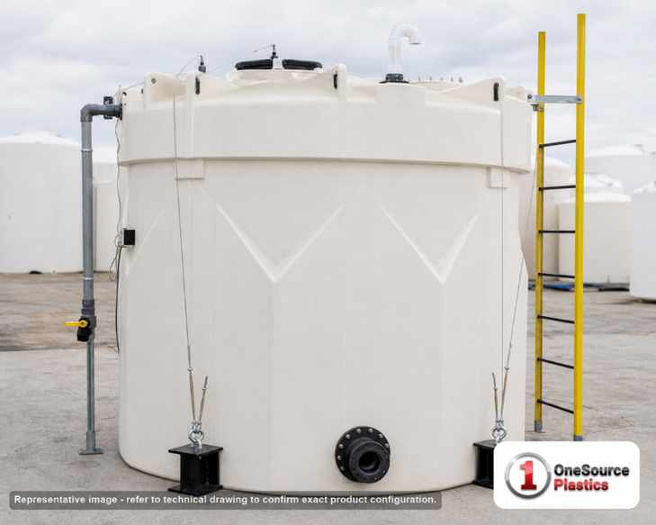 Snyder Industries 2000 Gallon XLPE Vertical Double Wall Liquid Chemical Storage Tank in White. 2000 gallon capacity; Cross-Linked Polyethylene; White; dimensions 103.0in H x 102.0in W x 102.0in L; 1180.0 lb empty; 1.9 specific gravity rating; fittings: 1 Manway / Lid; max temp 140 deg  F / 60 deg  C; 3 Year Warranty. Manufacturer part number 5570000n42. Manufactured by Snyder. Sold by OneSource Plastics (https://www.onesourceplastics.com).