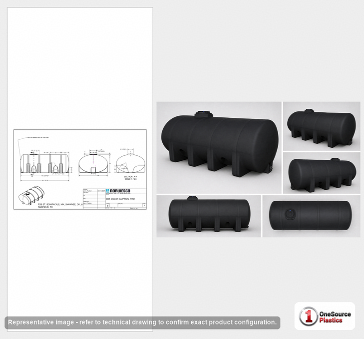 Dimensional spec drawing for Norwesco 2035 Gallon Elliptical Leg Tank (142" L x 84" W x 56" H)
