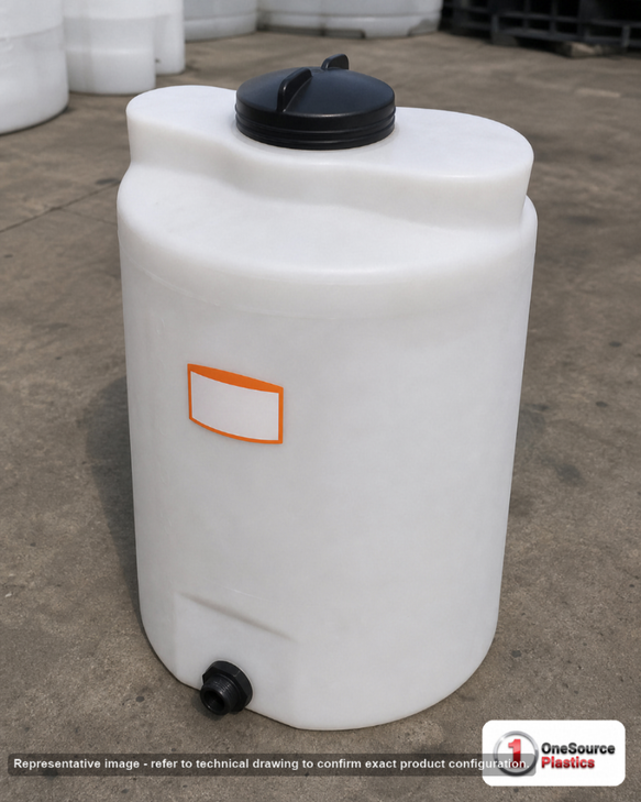 Norwesco 25 Gallon Vertical Liquid Storage Tank. Polyethylene; White; dimensions 29.0in H x 18.0in W x 18.0in L; 15.0 lb empty; 1.5 specific gravity rating. Manufacturer part number N-41867-C. Sold by OneSource Plastics (https://www.onesourceplastics.com).